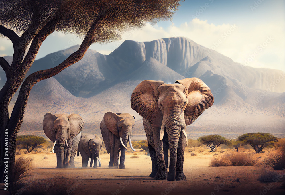 Poster a group of elephants in the savanna, with a majestic mountain range in the distance. generative ai t