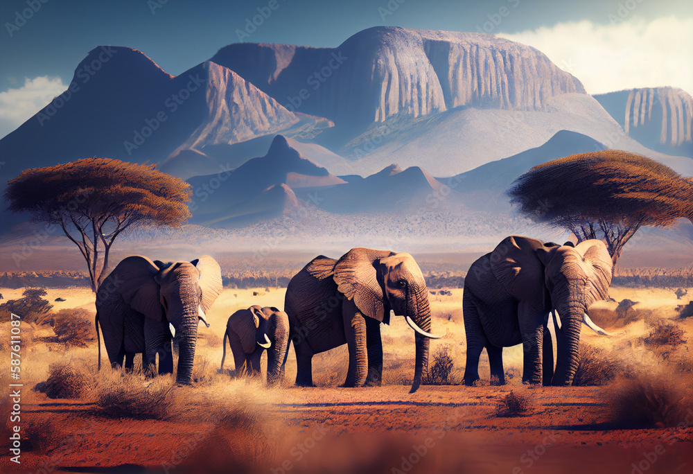Poster a group of elephants in the savanna, with a majestic mountain range in the distance. generative ai t