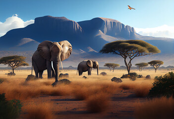 A group of elephants in the savanna, with a majestic mountain range in the distance.  Generative AI technology. - obrazy, fototapety, plakaty