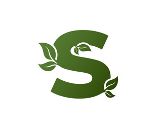 green lowercase letter s with leaves icon. alphabet eco logotype. nature and environment design element
