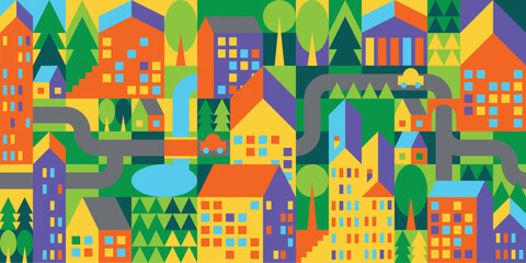 Vector illustration in a simple minimalistic geometric style - urban landscape with buildings, hills and trees. Abstract colourful geometric city. Bauhaus style. - 587611220