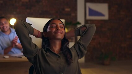 Throw documents, done and Indian woman in office at night with achievement, victory and complete project. Success, celebration and happy female worker with business goal, planning and finish deadline