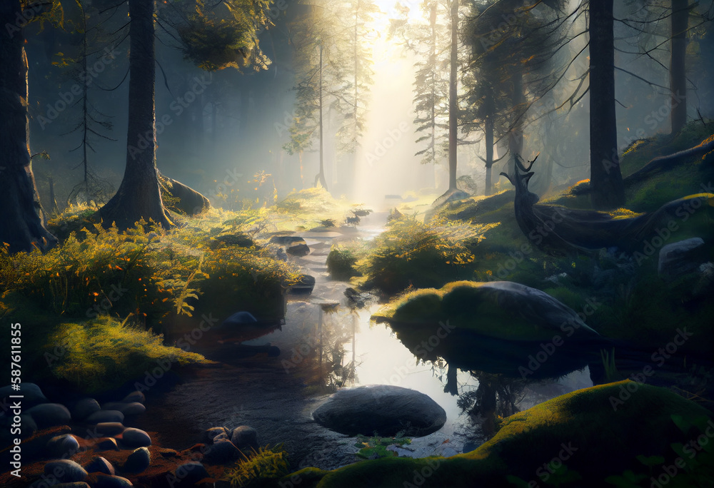 Poster river reflections: a peaceful river scene with reflections of trees and clouds generative ai technol