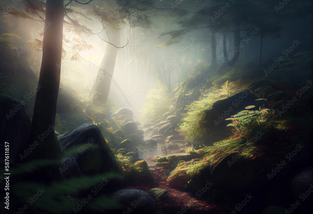 Poster river reflections: a peaceful river scene with reflections of trees and clouds generative ai technol