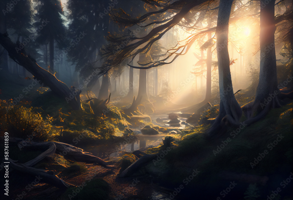 Aufkleber River reflections: a peaceful river scene with reflections of trees and clouds  Generative AI technology.