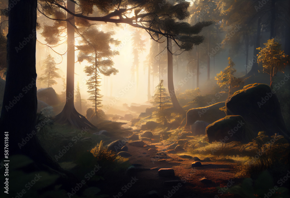 Poster river reflections: a peaceful river scene with reflections of trees and clouds generative ai technol