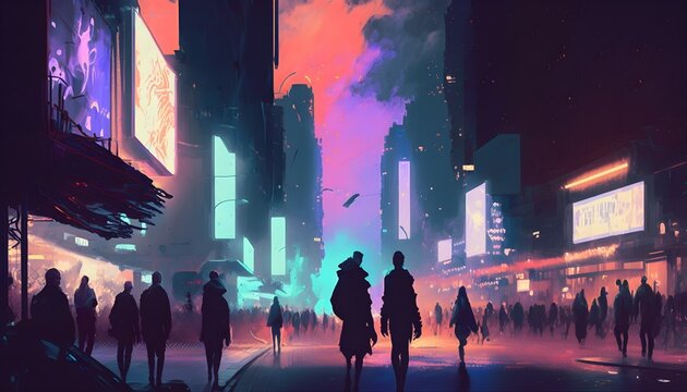 people walking in the sci-fi city at night with colorful light, illustration painting, Generative AI