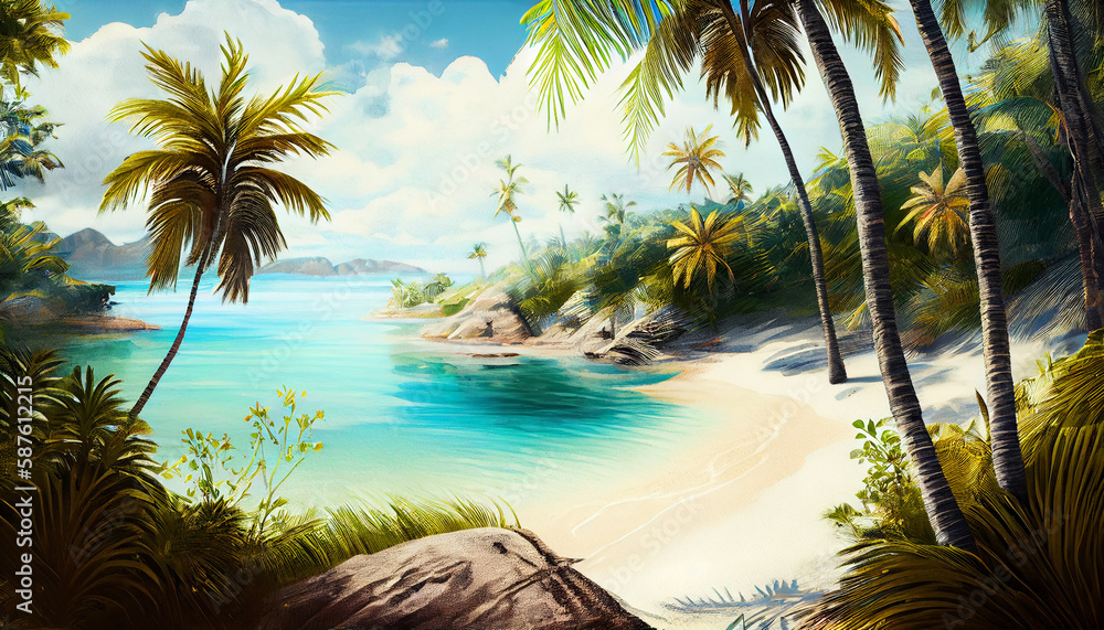 Poster palm trees on the beach generative ai technology.