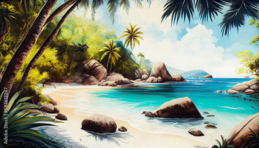 Poster beach with palm trees generative ai technology.