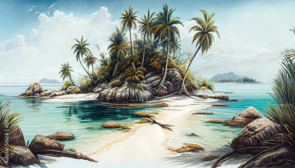 Poster tropical island with palm trees generative ai technology.