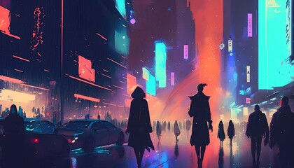 people walking in the sci-fi city at night with colorful light, illustration painting, Generative AI - obrazy, fototapety, plakaty