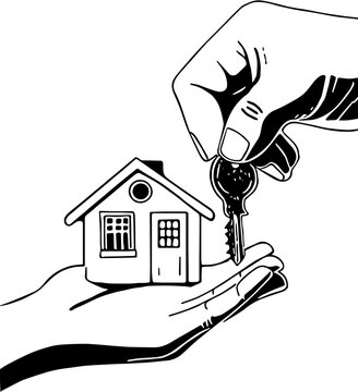 Haus in einer Hand, der Schlüssel wird übergeben. Symbol für den Kauf eines Hauses oder das Mieten eines Hauses. Vektor aus Außenlinien. 