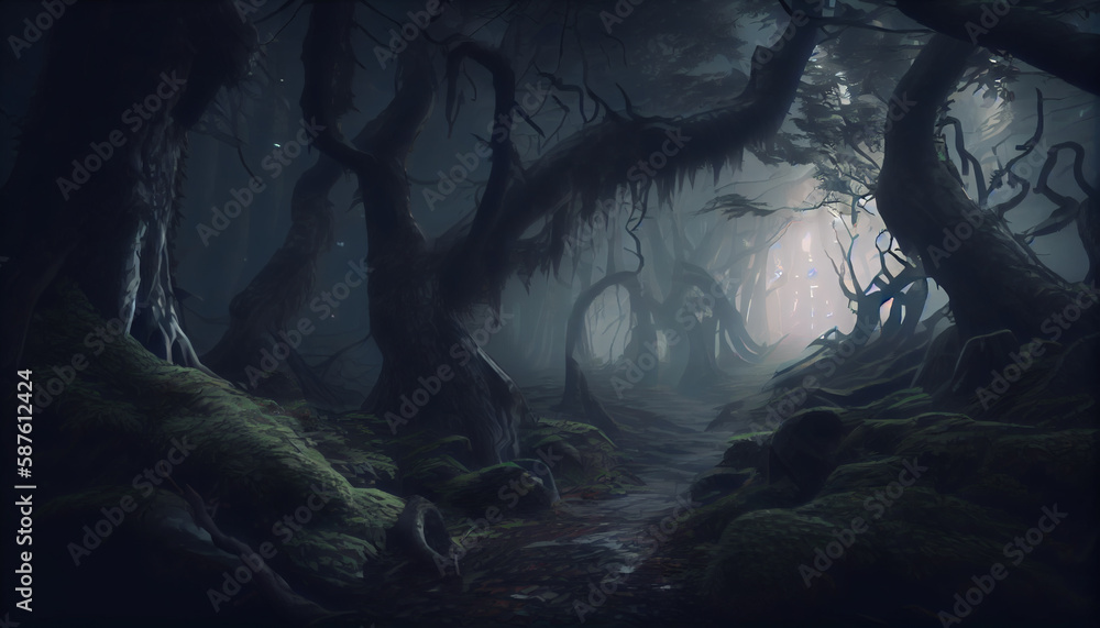 Poster night in the forest with clouds generative ai technology.