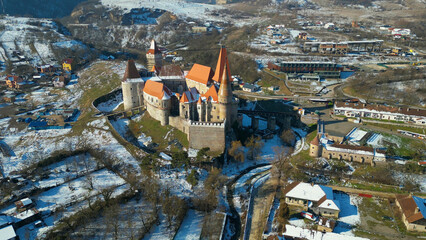 Corvin Castle, Hunedoara county, Romania. Drone aerial photography.