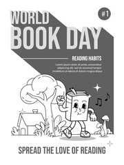 Obraz premium Happy World Book Day. Reading Habits BW. cartoon 70s style, vector.