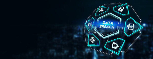 Digital business and technology concept, virtual screen showing DATA BREACH. 3d illustration