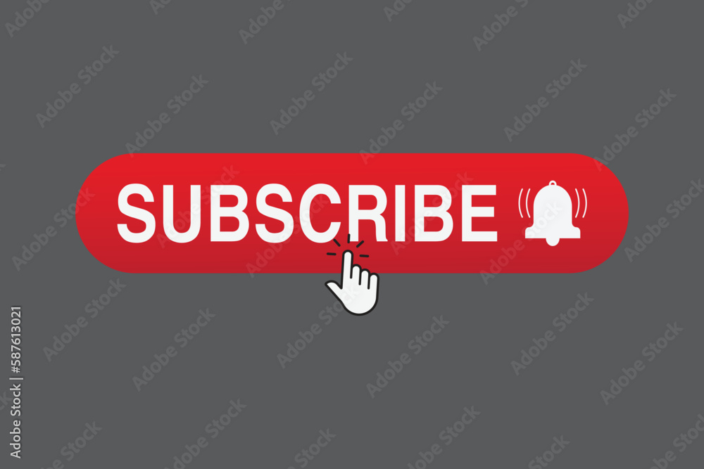 Poster subscribe, bell button and hand cursor. red color button subscribe to channel, social media backgrou