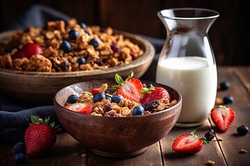 a bowl granola with fruit and milk on table