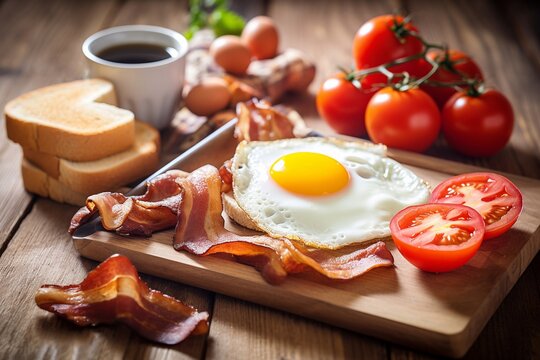 fried eggs with bacon and tomatoes on wooden board
