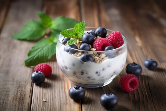 yogurt with granola and berries on bowl