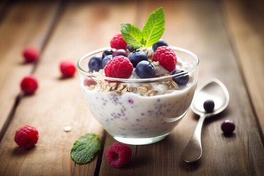 yogurt with granola and berries on table