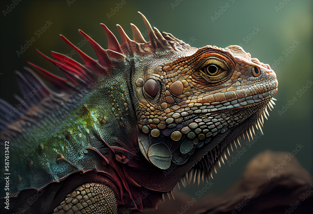 Poster A detailed, photorealistic rendering of an iguana, with intricate textures and subtle shading.  Generative AI technology.
