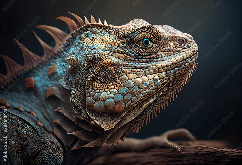 Poster A detailed, photorealistic rendering of an iguana, with intricate textures and subtle shading.  Generative AI technology.