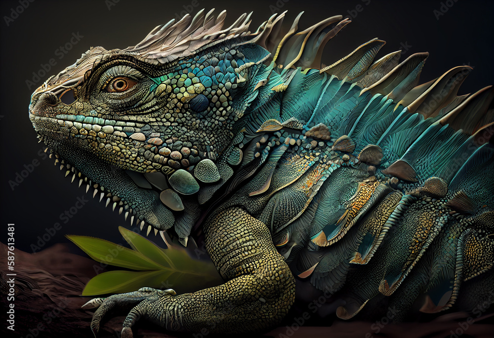Poster A detailed, photorealistic rendering of an iguana, with intricate textures and subtle shading.  Generative AI technology.