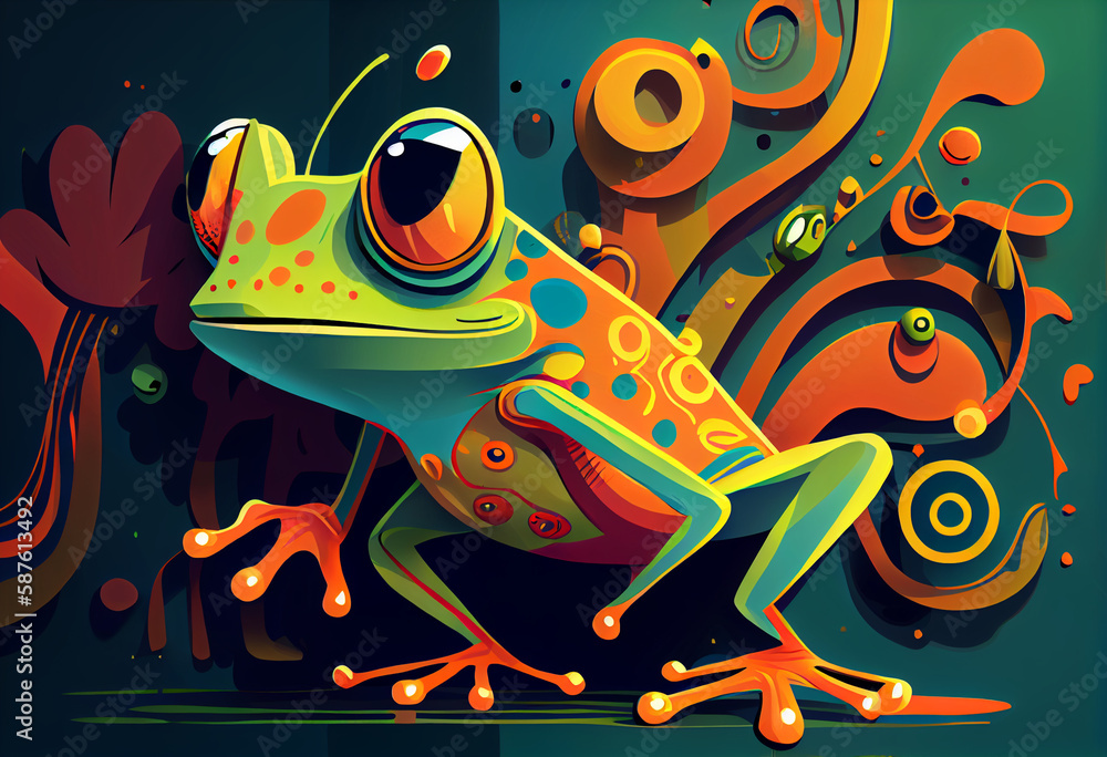 Poster a whimsical and playful depiction of a frog, featuring bold colors and a cartoonish style. generativ