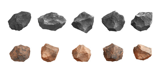Mars rock group and meteorite extraterrestrial copper and black dark surface texture rough raw stone objects mountain rock volcanic, coal, asteroid. 3D Illustration. © chawalit