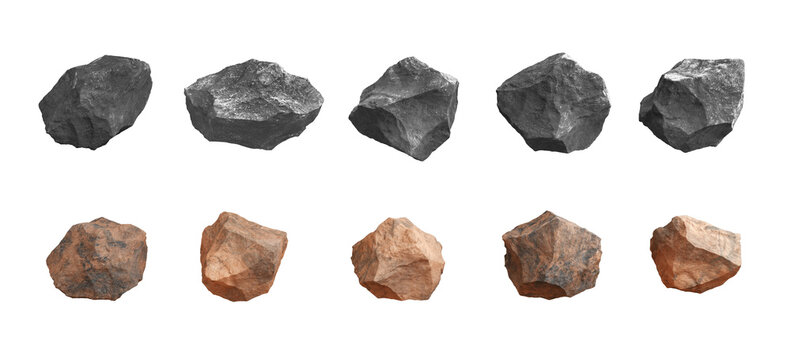 Mars rock group and meteorite extraterrestrial copper and black dark surface texture rough raw stone objects mountain rock volcanic, coal, asteroid. 3D Illustration.