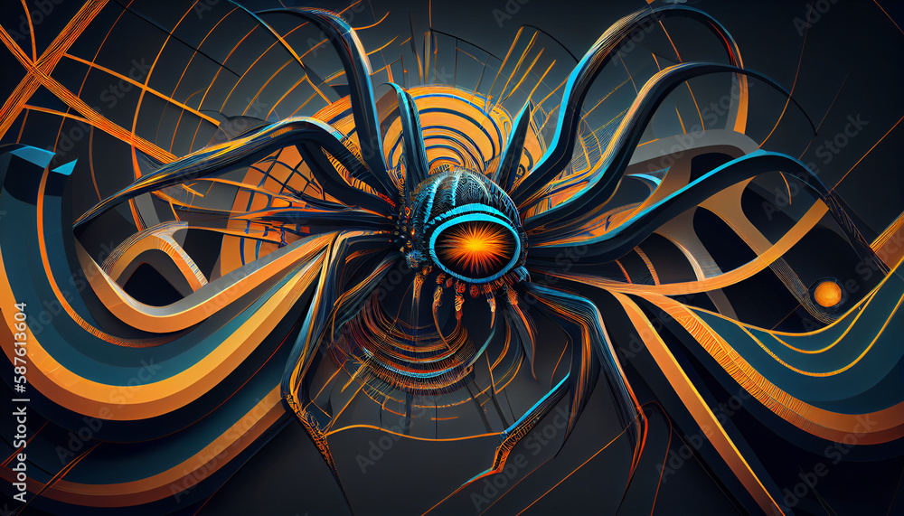 Poster A stylized and abstract representation of a spider, featuring bold lines and intricate patterns.  Generative AI technology.