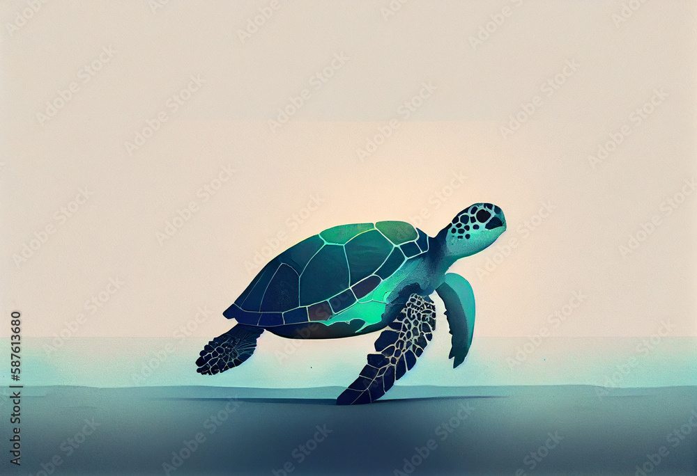 Leinwandbilder a serene, minimalist depiction of a turtle, rendered in a subtle gradient of blues and greens genera