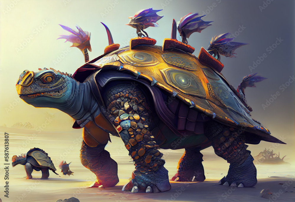 Poster an abstract, surrealist portrait of a armored turtles, featuring exaggerated proportions and dreamli