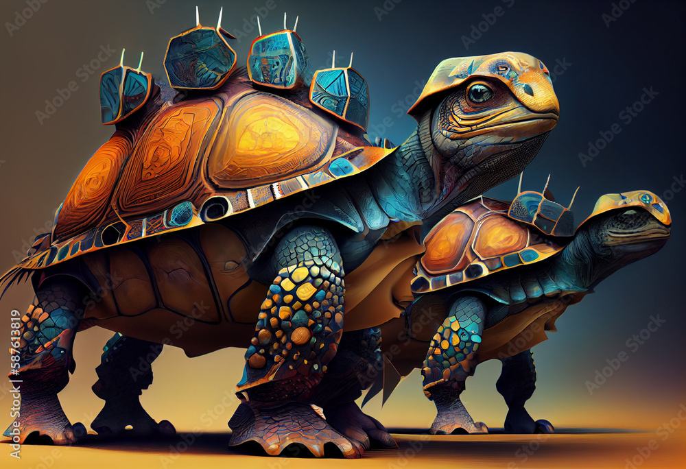 Poster an abstract, surrealist portrait of a armored turtles, featuring exaggerated proportions and dreamli