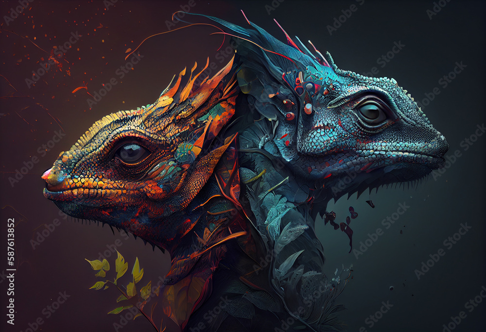 Poster an abstract, surrealist portrait of a lizards, featuring exaggerated proportions and dreamlike color