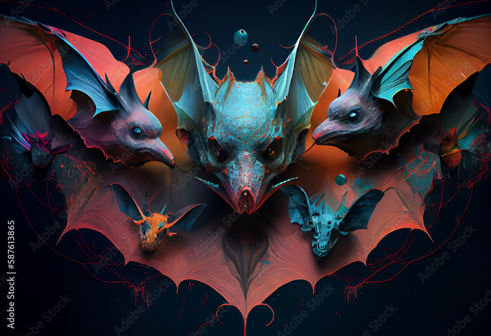 Poster an abstract, surrealist portrait of a insectivorous bats, featuring exaggerated proportions and drea