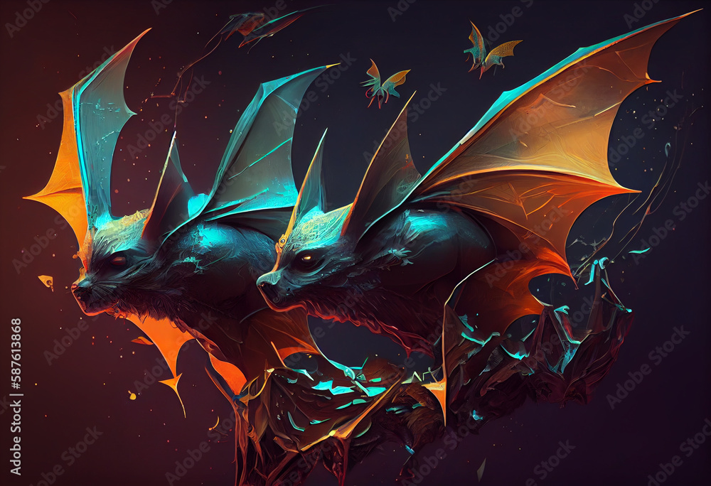 Poster an abstract, surrealist portrait of a insectivorous bats, featuring exaggerated proportions and drea