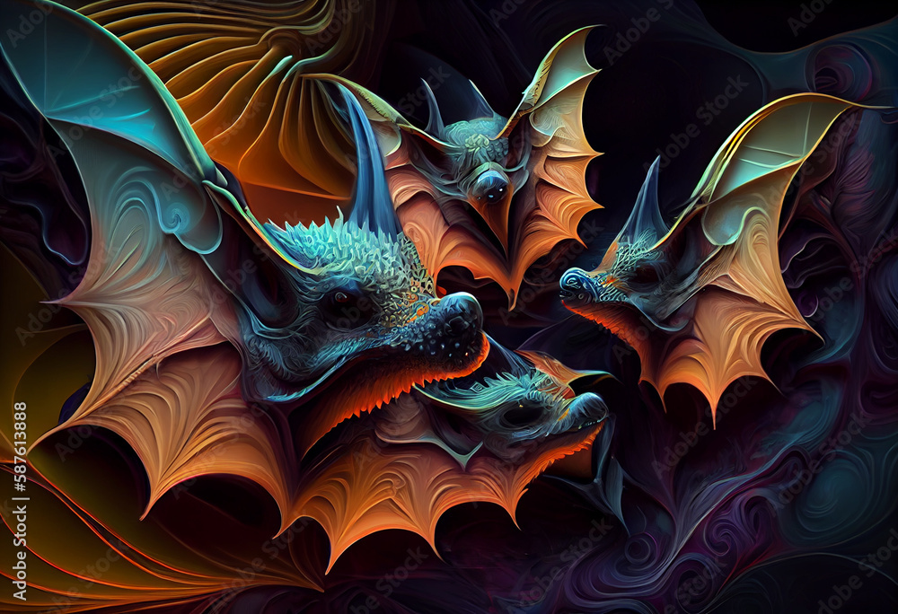 Poster an abstract, surrealist portrait of a insectivorous bats, featuring exaggerated proportions and drea