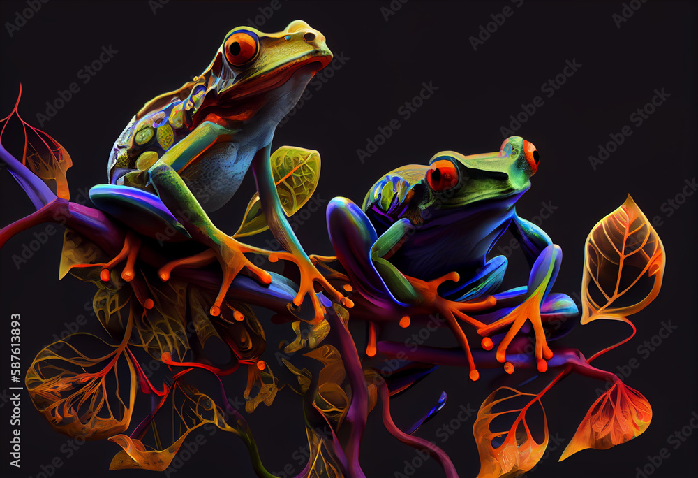 Poster an abstract, surrealist portrait of a tree frogs, featuring exaggerated proportions and dreamlike co