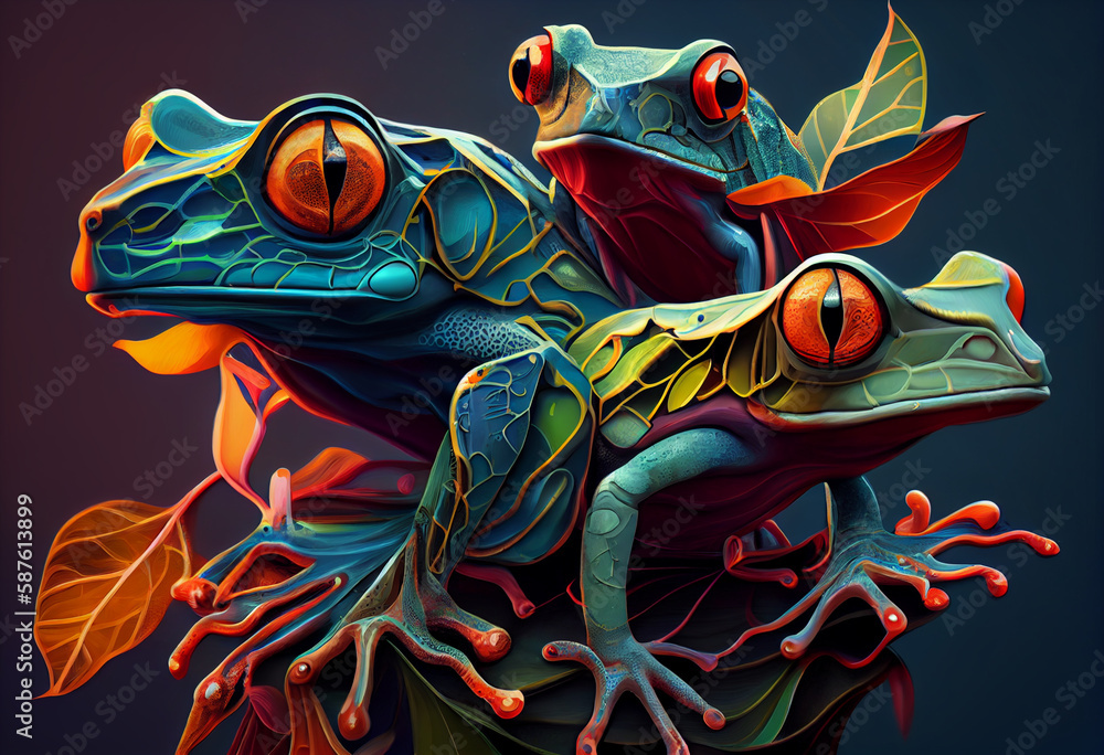 Poster an abstract, surrealist portrait of a tree frogs, featuring exaggerated proportions and dreamlike co
