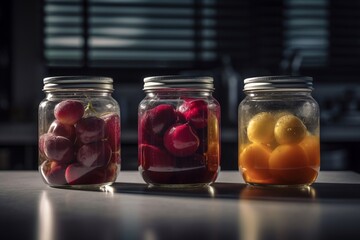 Fototapeta na wymiar Realistic jars of fruits on table