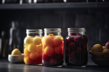 Fototapeta na wymiar Delicious jars of fruit on the table