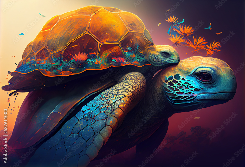 Poster an abstract, surrealist portrait of a turtles with a dome-shaped shell, featuring exaggerated propor