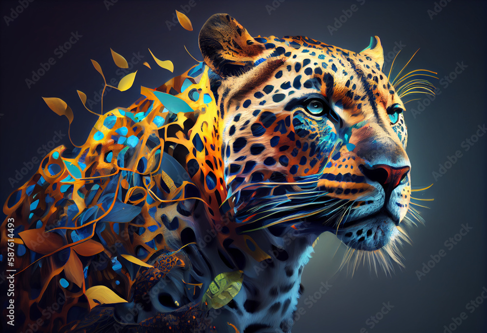 Poster an abstract, surrealist portrait of a leopard, featuring exaggerated proportions and dreamlike color