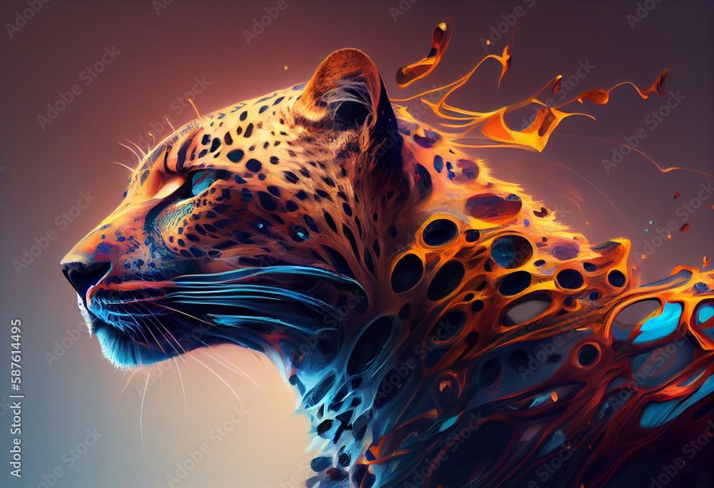 Poster an abstract, surrealist portrait of a leopard, featuring exaggerated proportions and dreamlike color