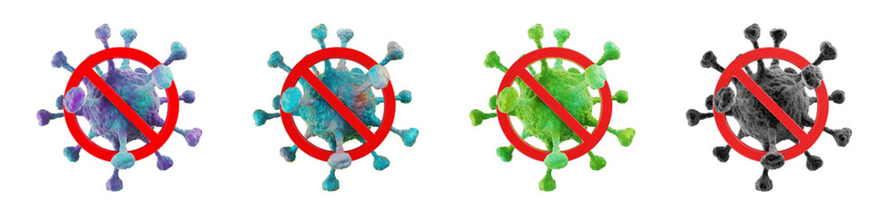 Stop virus signs or symbols bacteria collection 3d model. Covid-19, fungi object. Warning sign of germs. Stop the spread of germs medical, virology. 3D Illustration.