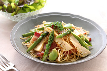 春野菜の和風パスタ　国産アスパラベーコンパスタ　たけのこパスタ　