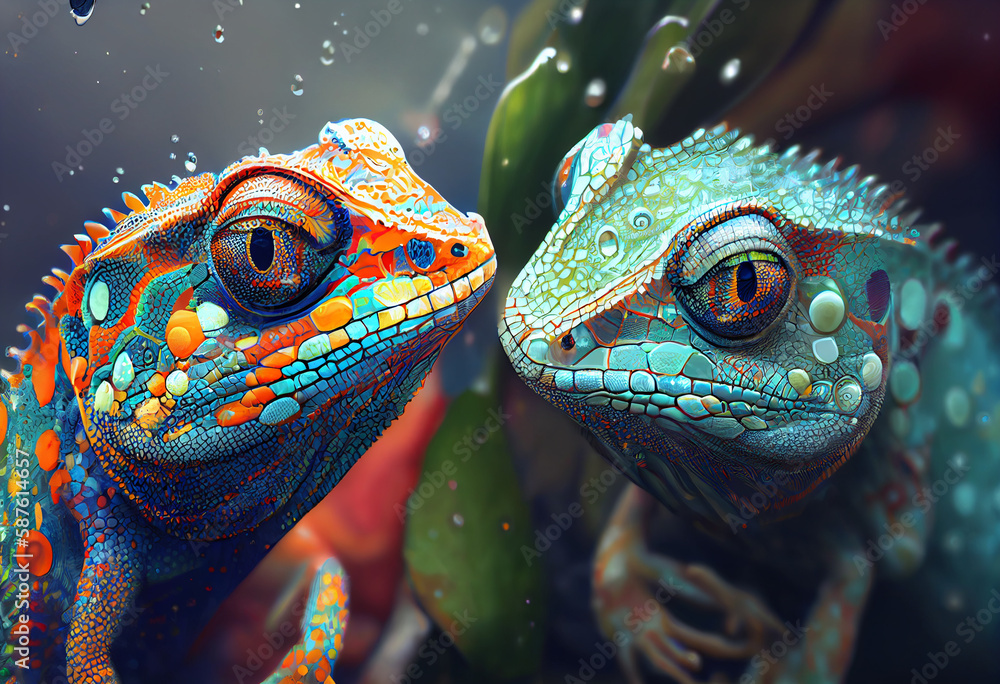 Poster an abstract, surrealist portrait of a lizard, featuring exaggerated proportions and dreamlike colors