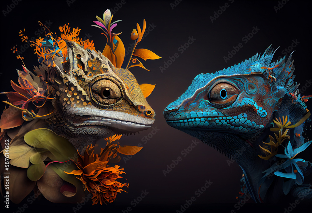 Poster an abstract, surrealist portrait of a lizard, featuring exaggerated proportions and dreamlike colors
